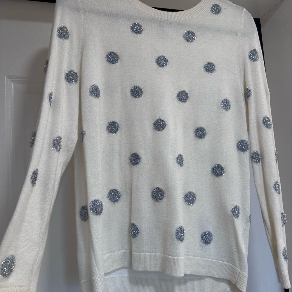 Women's White and Silver  Polka Dot Sweater